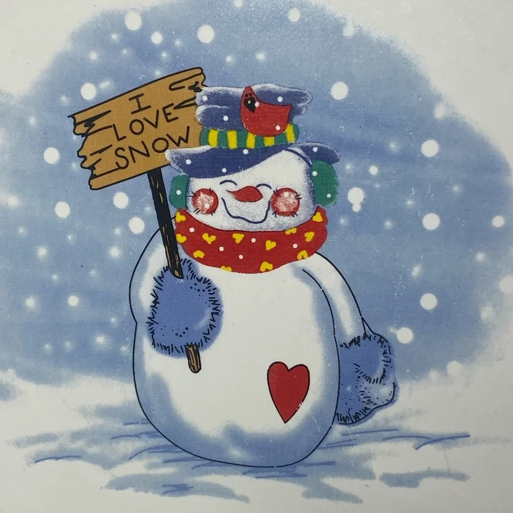 “I Love Snow” Snowman with Heart and Cardinal on Hat Stoneware Plate
